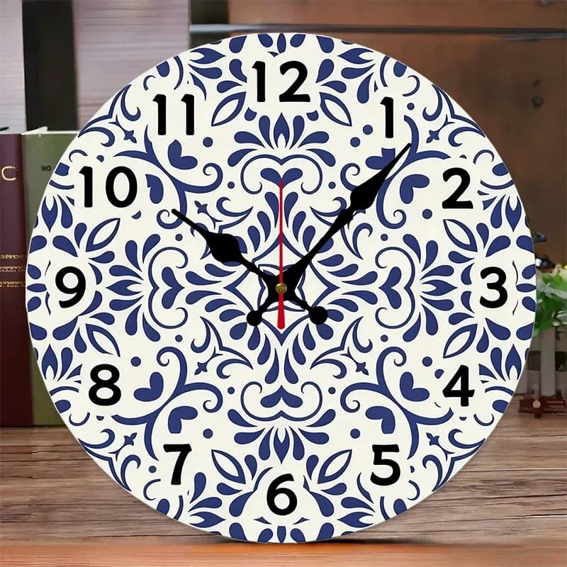 Orologio da parete silenzioso rotondo in legno con porcellana blu e bianca, adatto per soggiorno, ufficio, studio, camera da letto, decorazione domestica