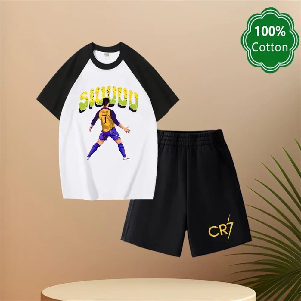 Ronaldo Football player CR7 Printed Kids Clothing Fashion Casual T-shirt + Shorts 2 Pieces Set 2025 Summer Kids Sportswear
