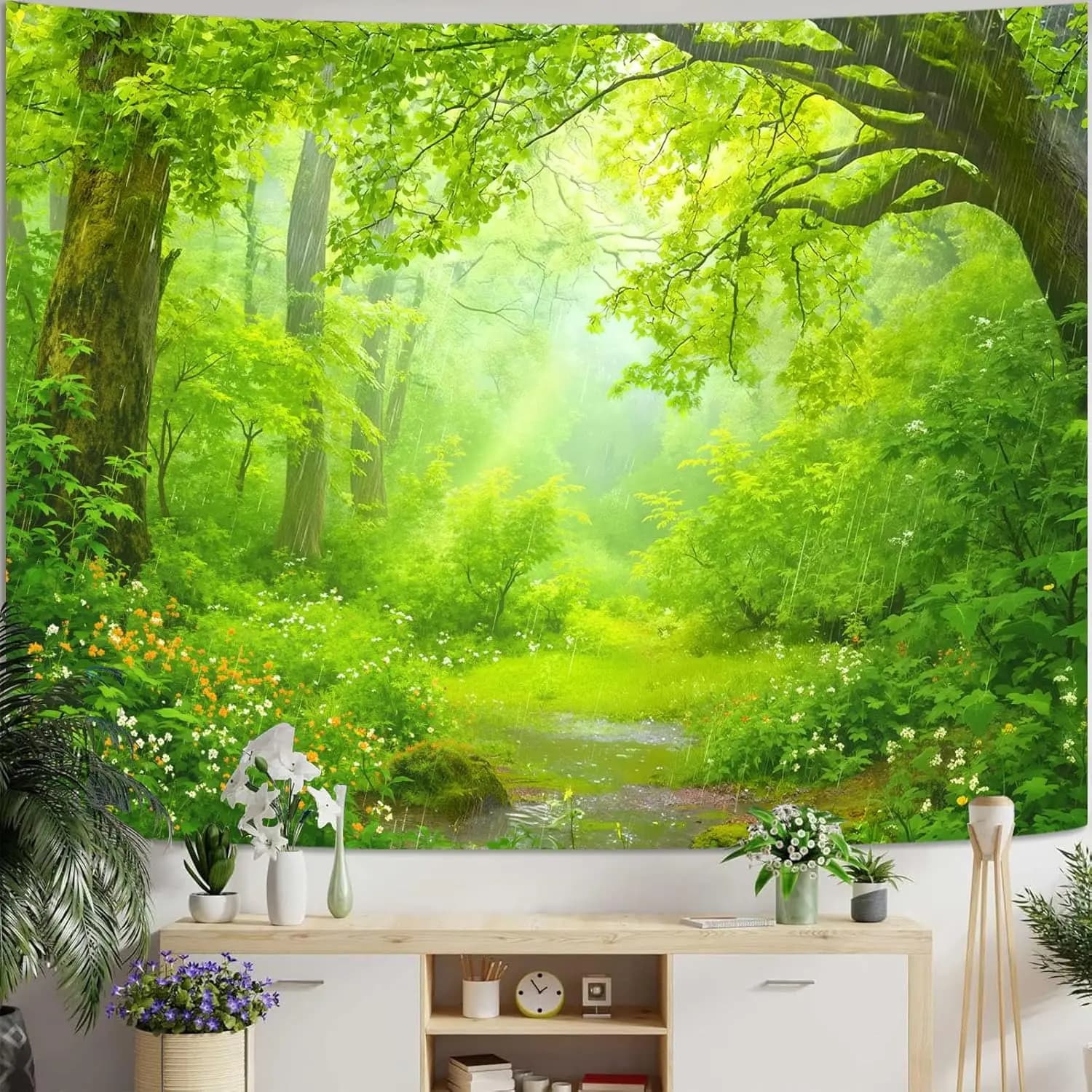Green Forest Rain Tapestry, Lush Jungle Sunbeam Waterfall Landscape Wall Hanging for Bedroom Living Room, Nature Aesthetic Home