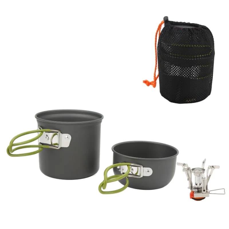 Durable aluminum camping kitchen set, for food, portable, with green handle, for outdoor use.