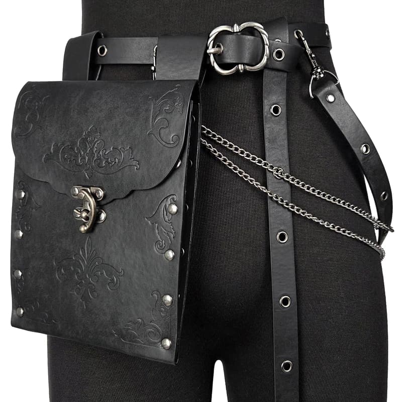 Marsupio con cintura a catena medievale Retro in pelle PU Punk Decor Marsupio appeso in vita Portamonete Costume cosplay Puntelli Custodia per soldi