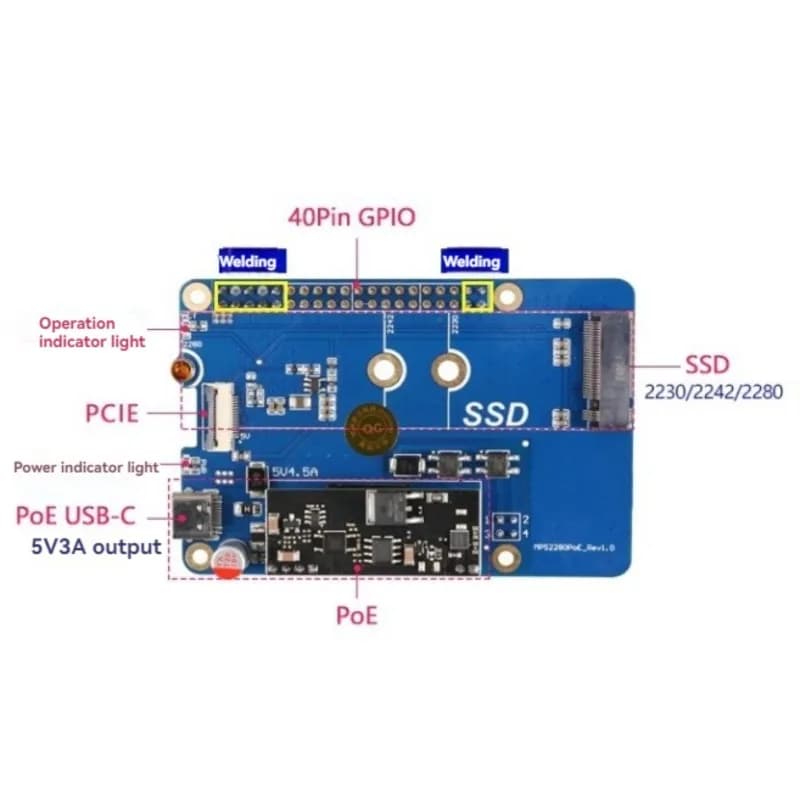AED7-MPS2280 POE per Raspberry Pi 5, Scheda Adattatore di Espansione PCIe a M.2 NVMe SSD HAT Pi5 2280/2242/2230