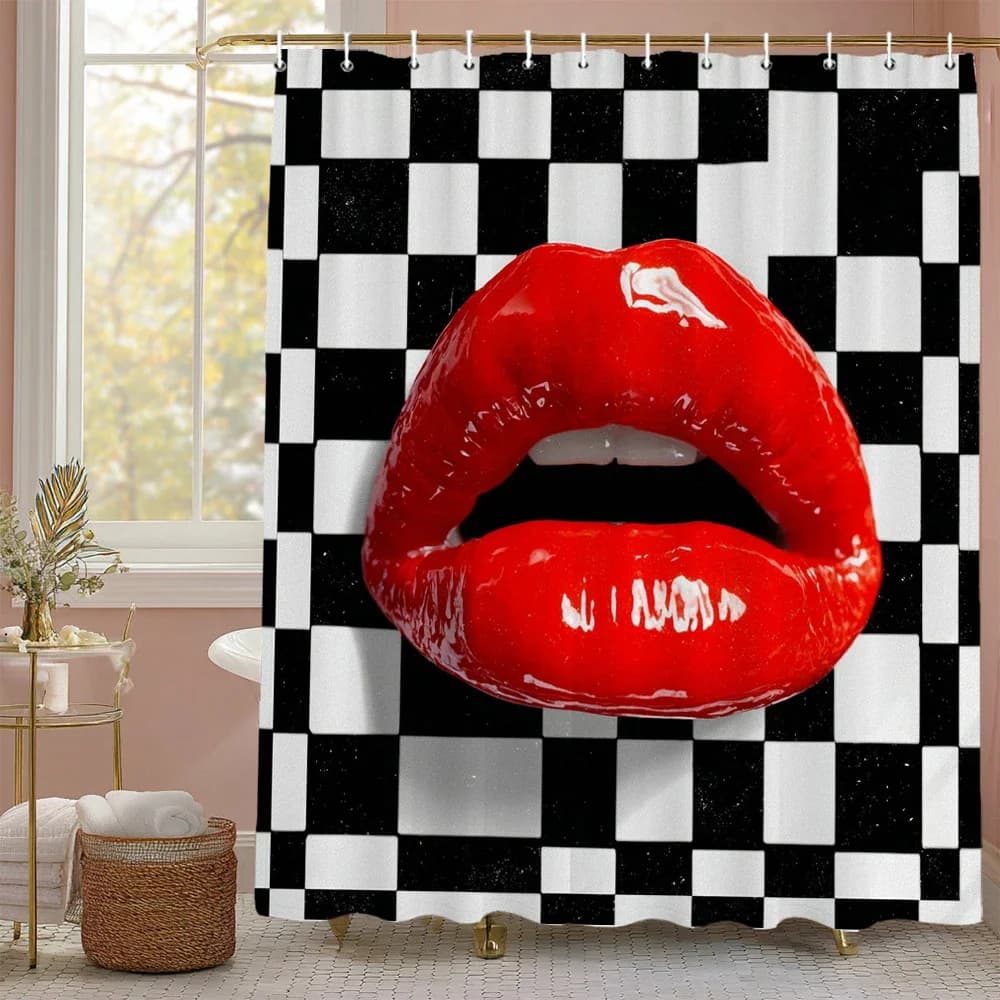 Modern Black and White Pattern, Sexy Red Lips Shower Curtain for Bathroom Romantic Decorative Shower Curtains with Hooks