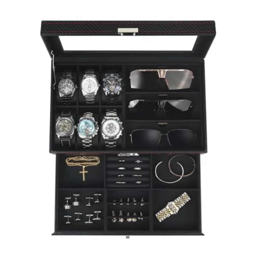 Organizzatore per Orologi e Gioielli, Scatola Porta Orologi a 2 Livelli e Porta Occhiali da Sole con Coperchio in Vetro Grande, Scatola Porta Gioielli da Uomo con Serratura, Orologio