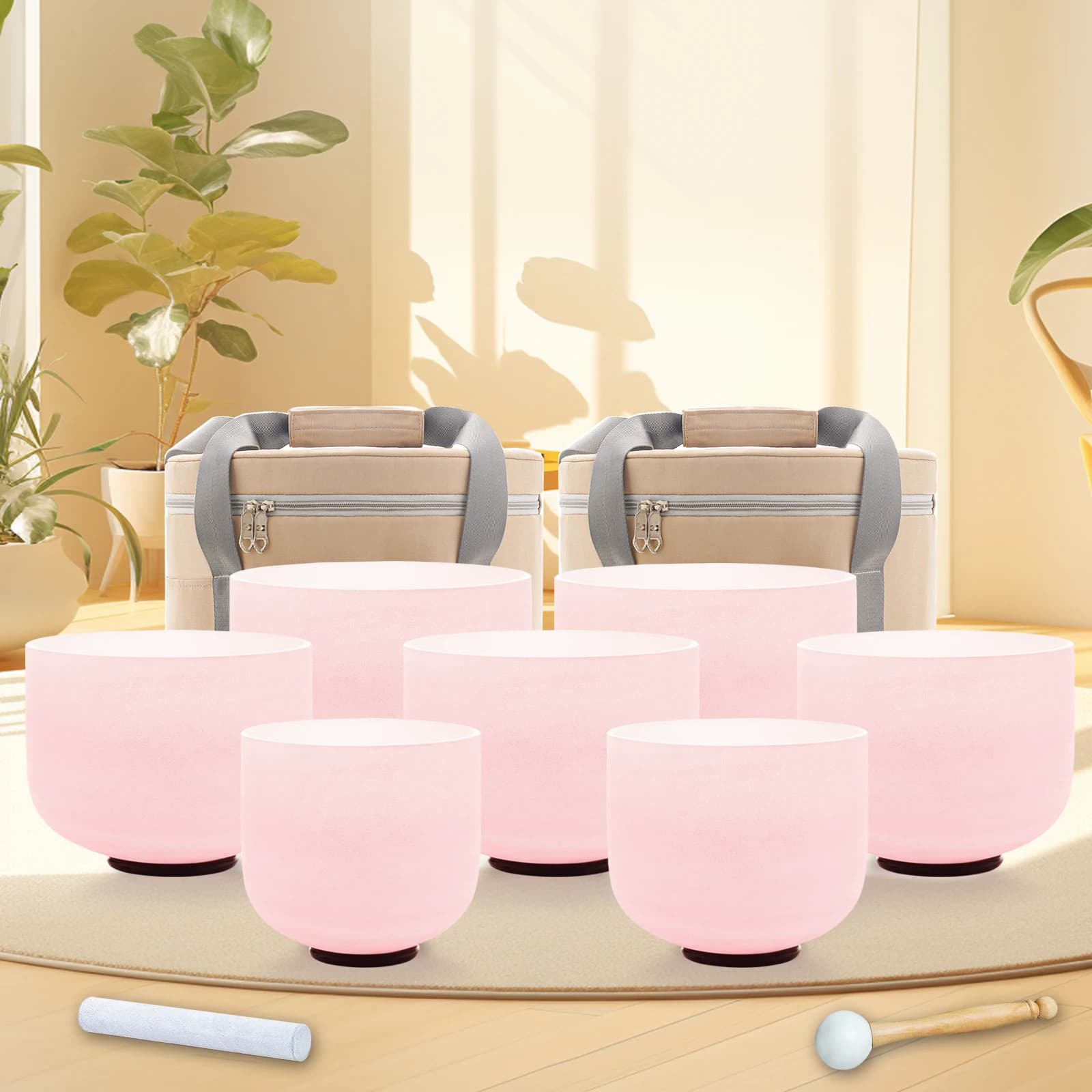 Hye-eun 7-13/8-14 inch Pink Singing Sound Bowl of 7pcs Large Crystal Singing Bowl Set with Carry Case