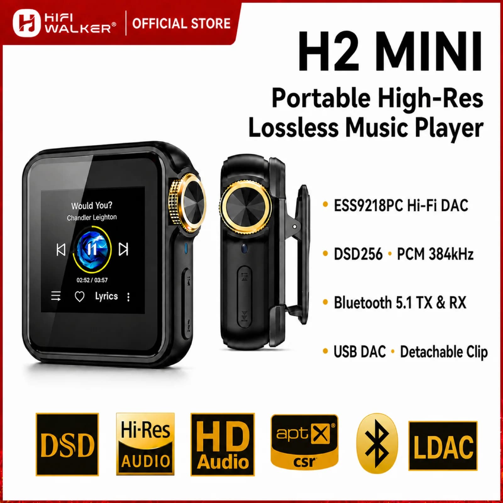 HiFi Walker H2 Mini Hi-Res Music Player MP3 with Clip Bluetooth AptX LDAC DSD256 ALPS128GB SD Portable FLAC Player for Sports