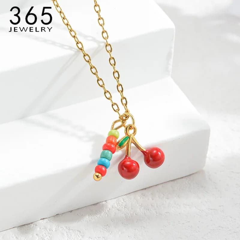 365 Romantico ciliegia rossa 3 stili ciondolo in acciaio inossidabile color oro collana per donne ragazze Brithday Party regalo quotidiano di gioielli