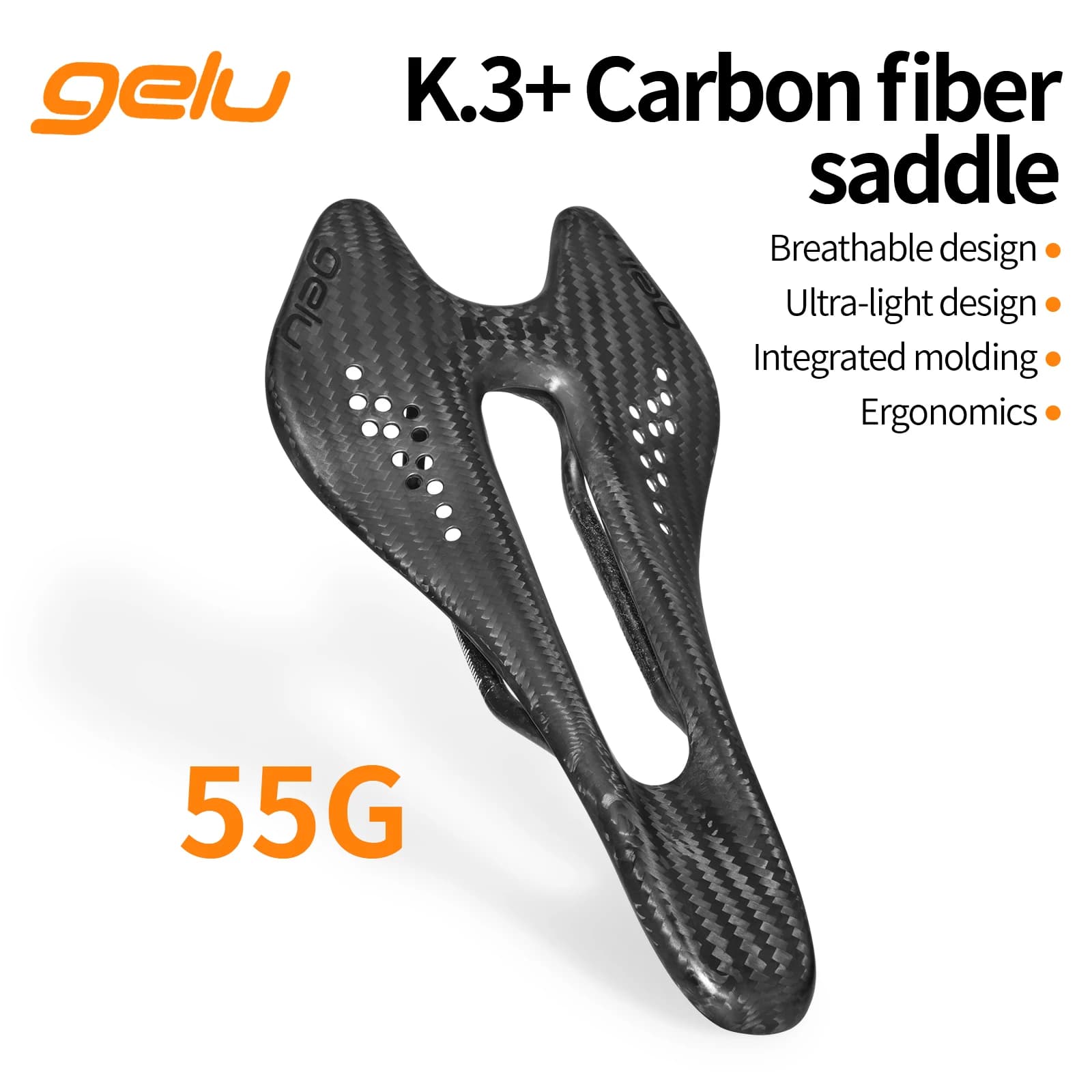 Gelu Sella per bicicletta in fibra di carbonio Ultraleggera 55g Hollow Traspirante Ergonomia Mtb Bicicletta da strada Cuscino completo in fibra di carbonio