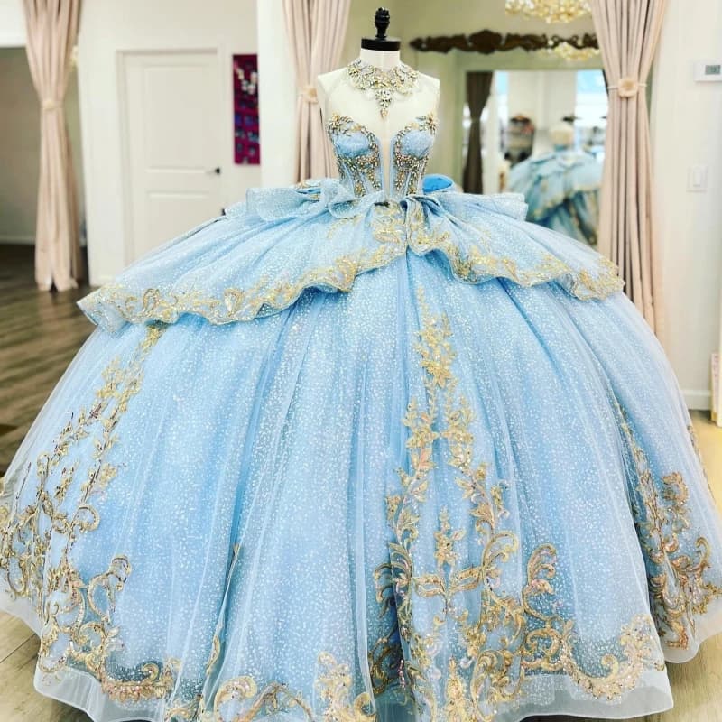 Abiti Quinceanera blu lucido Abito da ballo con spalle scoperte Applique Perline di pizzo Fiocco Tull Abito dolce 16 Abiti 15 De Anos