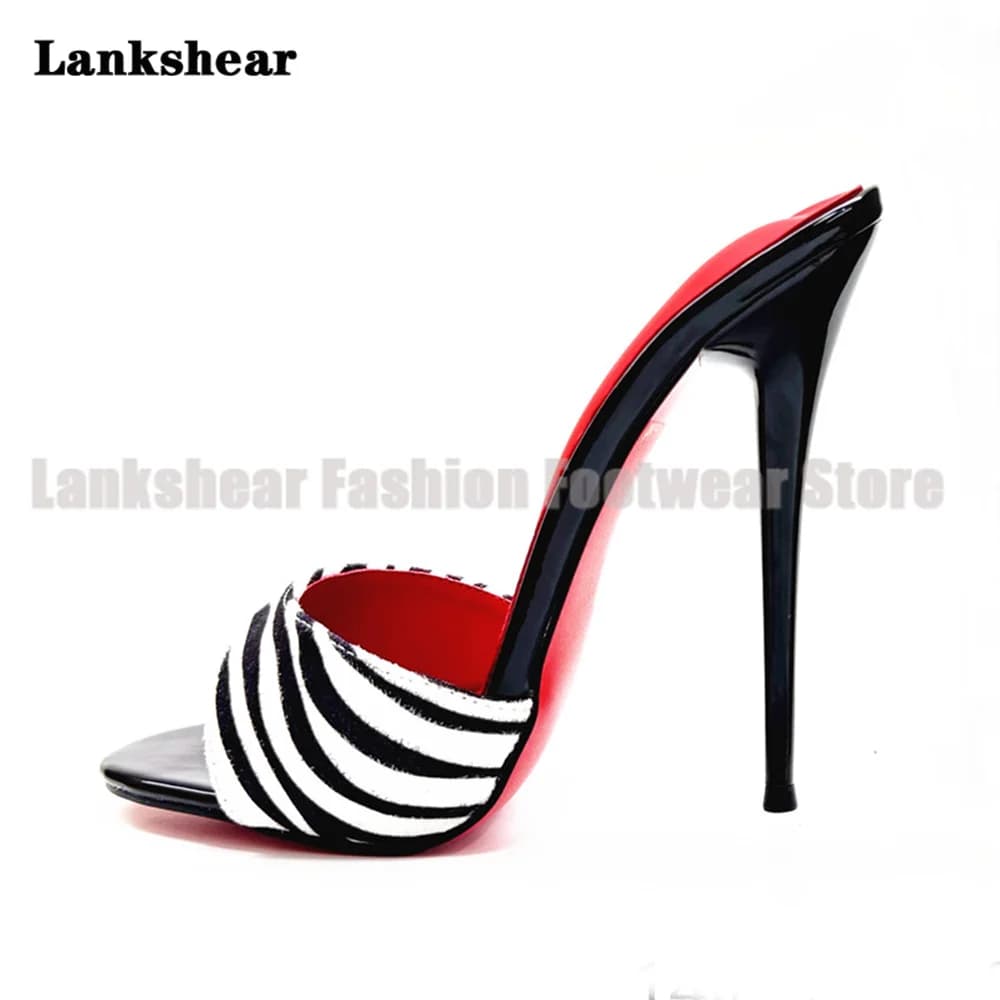 Sandali con Tacco Alto Stiletto in Pelle Verniciata Nera con Stampa Zebrata e Fodera Rossa, Sandali Leopardati da Donna per l'Estate