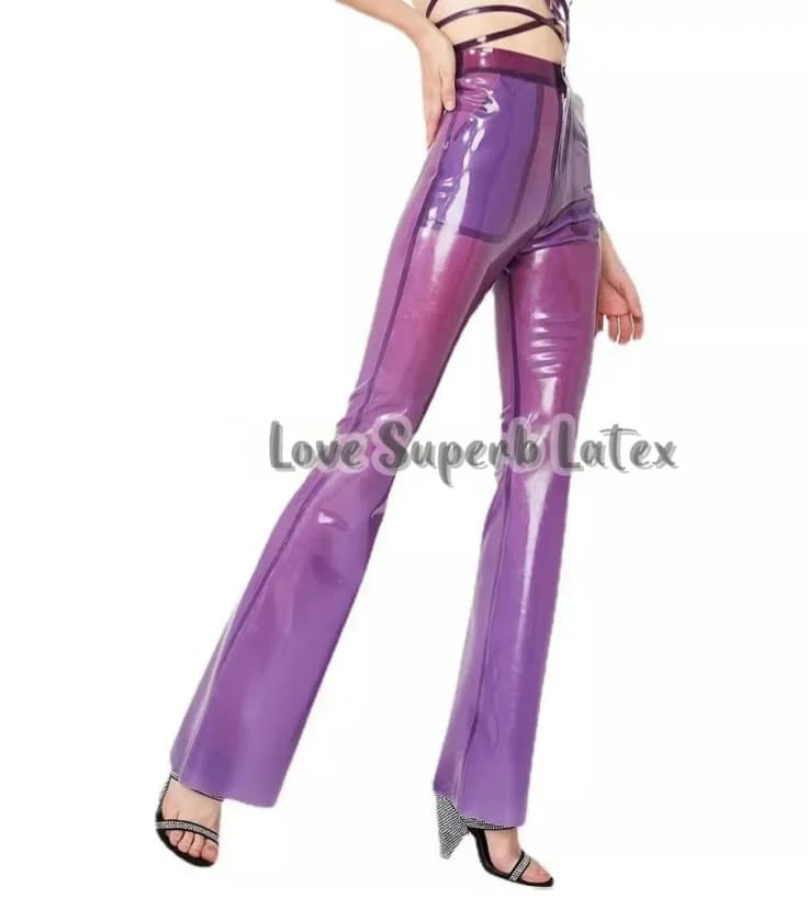 Women's latex jeans Women's lattice trousers Sexy latex women's trousers Wide leg rubber pants with front pocket zipper latex Halloween