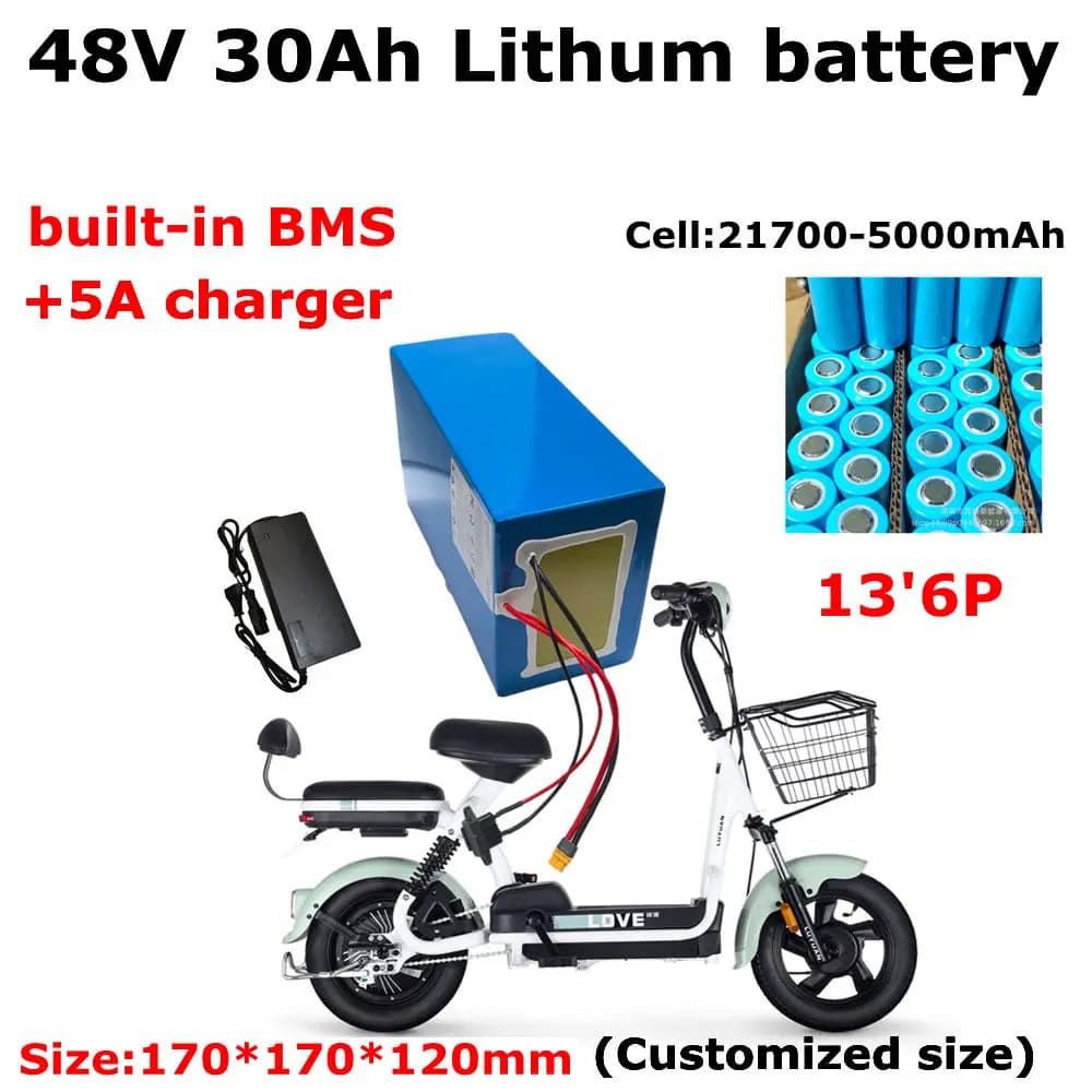 Batteria agli ioni di litio JN-13S6P 48V 30Ah 21700-5000mAh BMS integrato per e-bike ad alta potenza 0-2000W, scooter, moto, + caricabatterie 54,6V5A.