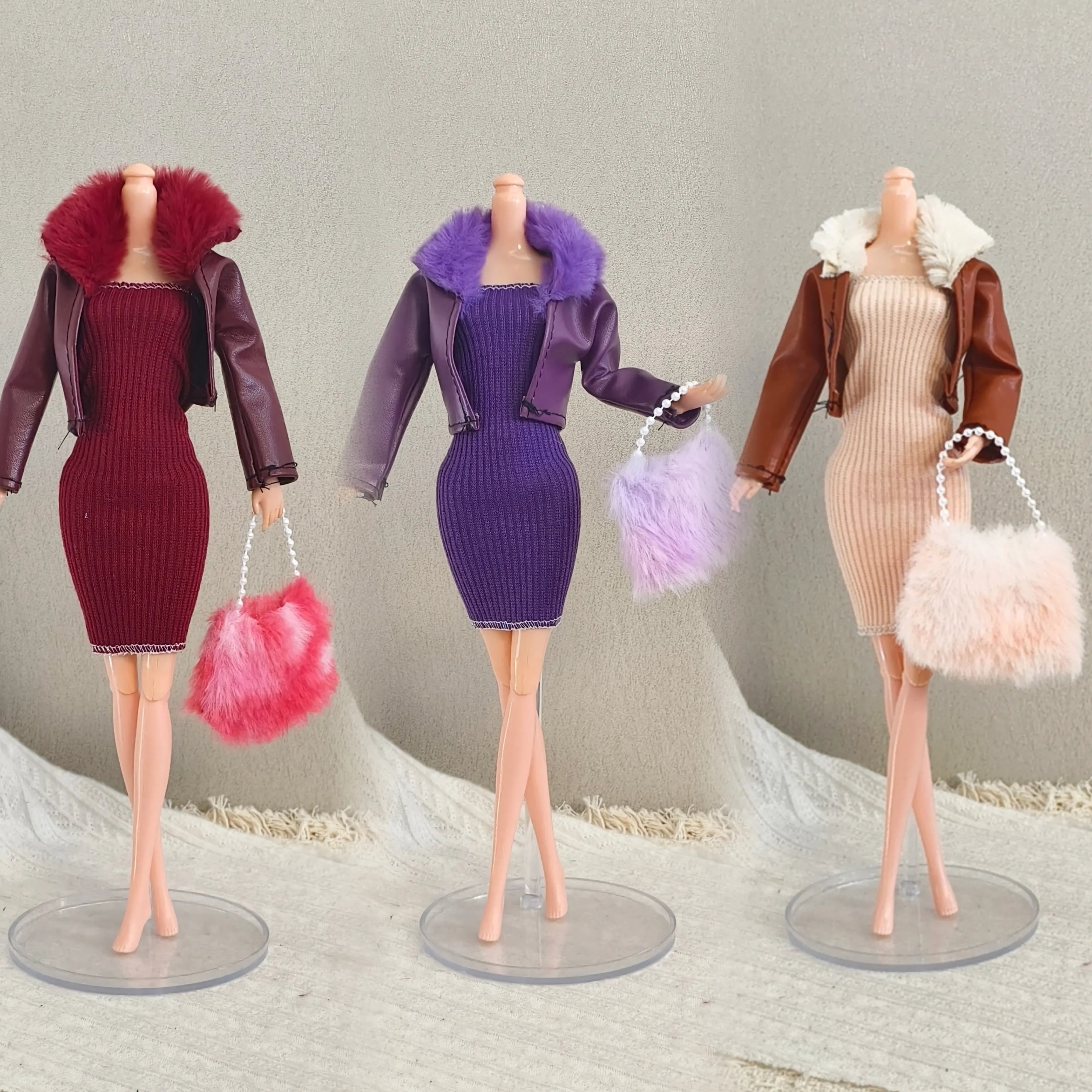 Fashion Winter Leather Jacket+knitted Slim-fit Dress+Plush Handbag Set For 1/6 FR Babi Supermodel Doll Dress Up Clothes Parts