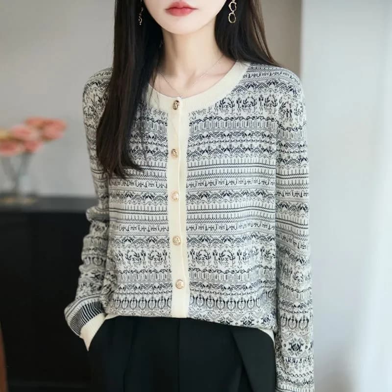 Cardigan in maglia vintage blu e bianco in porcellana, giacca versatile per autunno e inverno, nuovo top alla moda e comodo.