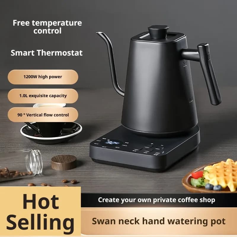 Bollitore Elettrico Premium per Uso Domestico 1L 110V/220V 1200W con Rivestimento in Acciaio Inox 304 e Beccuccio a Collo di Cigno 90° ° Display Intelligente con Spegnimento Automatico per Caffè e Tè Domestici