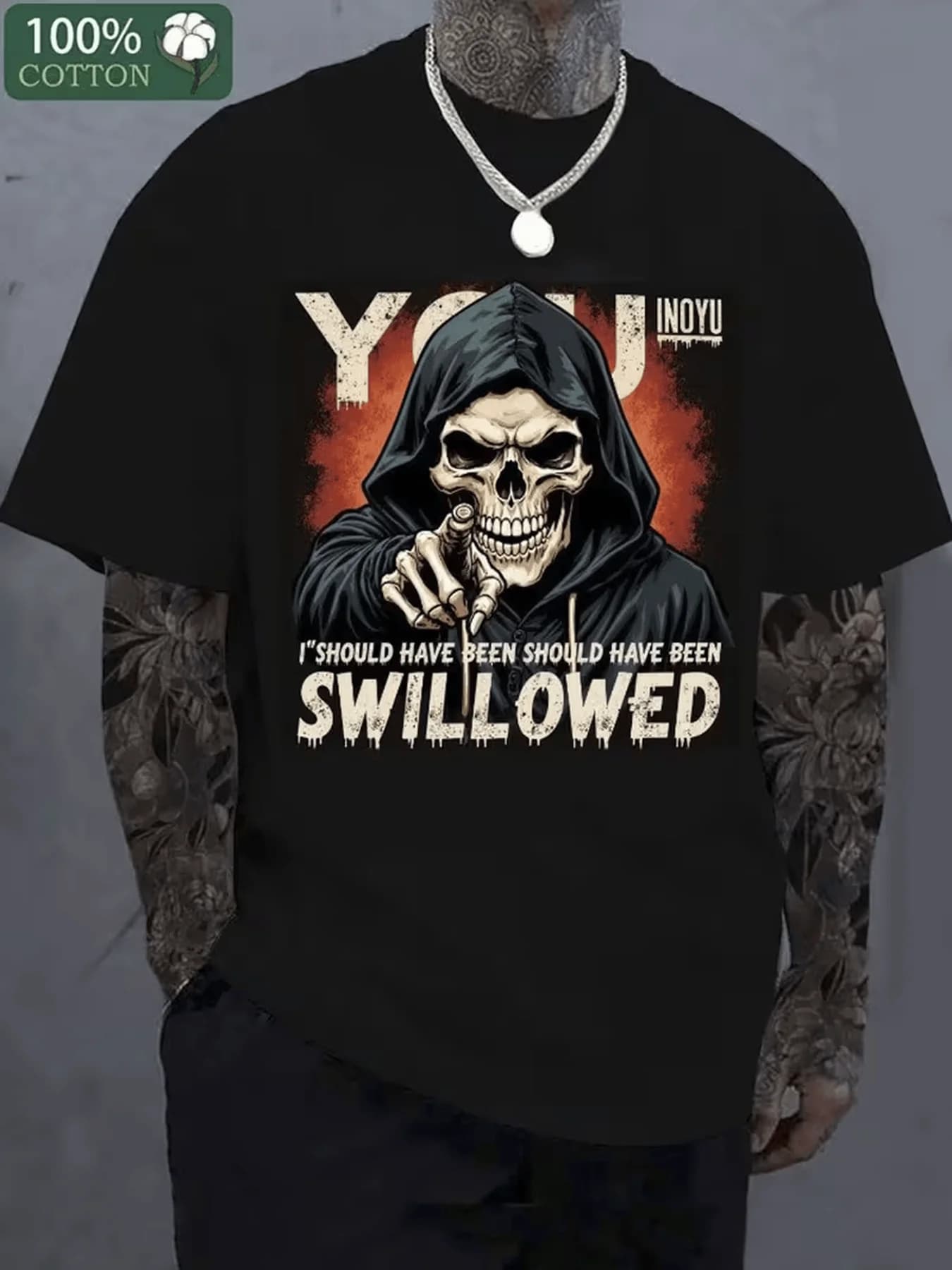 T-shirt with print of a God of Death and bold writing 'YOU' - T-shirt streetwear gothic with wide cut