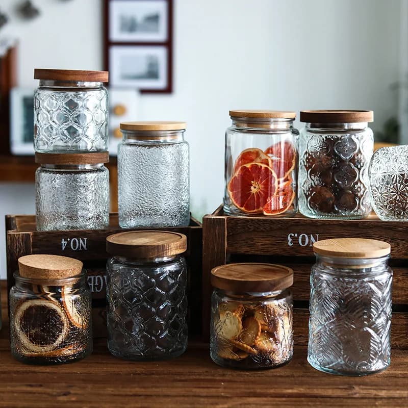 Vintage Relief Engraving Glass Sealing Jars Wooden Lid Candy Box Storage Bottle Seasoning Food Jar Container Gifts