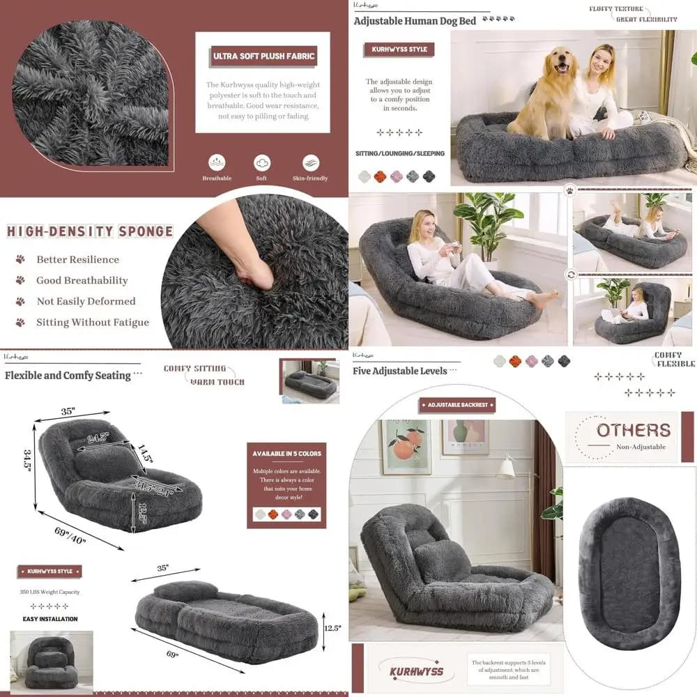 Convertible sofa bed for adults and pets with 5 positions, Tatami sack armchair in plush with 2 cushions, dark grey