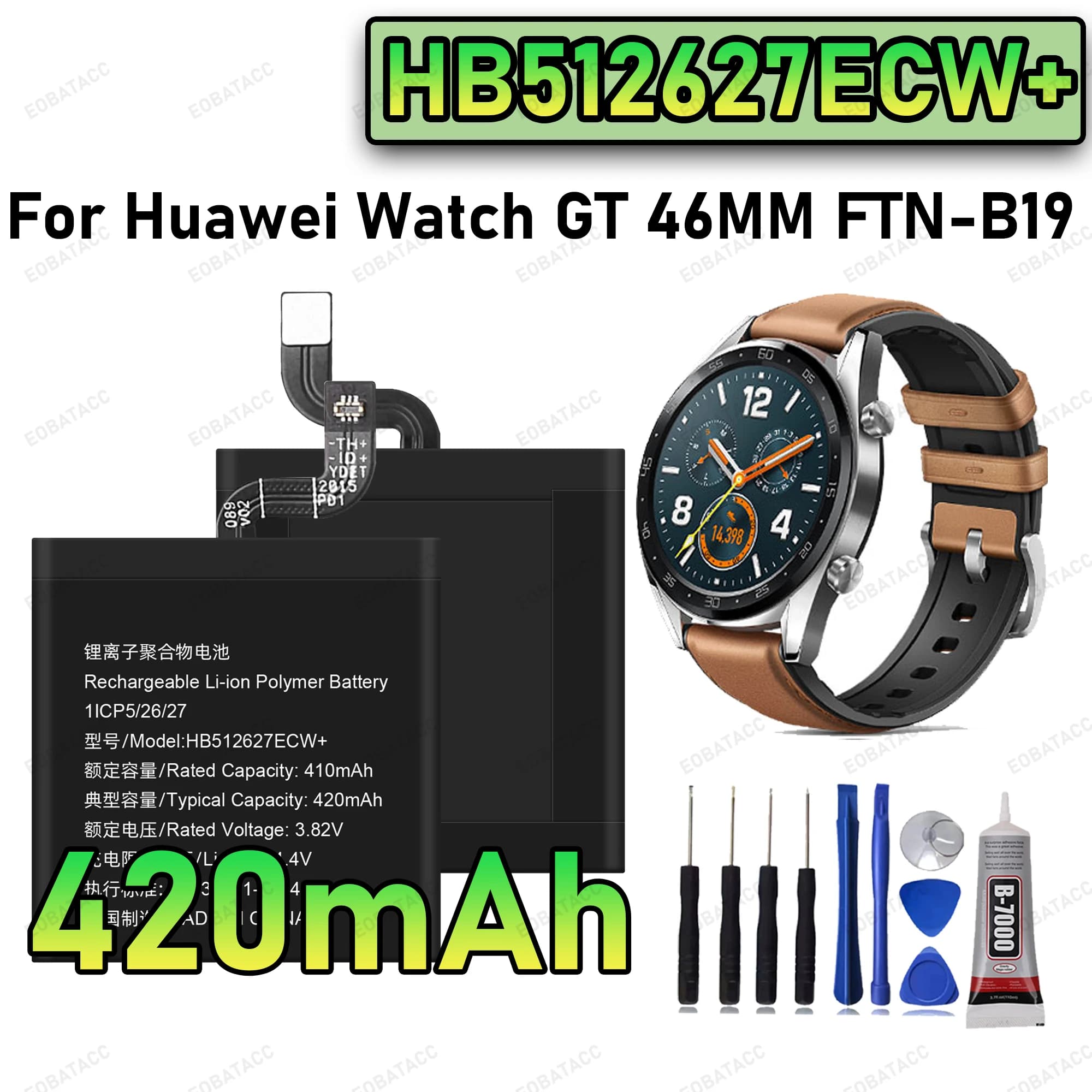 100% nuovo ciclo zero HB512627ECW + batteria per Huawei Watch GT 46MM FTN-B19 Smart Watch Bateria + strumenti gratuiti