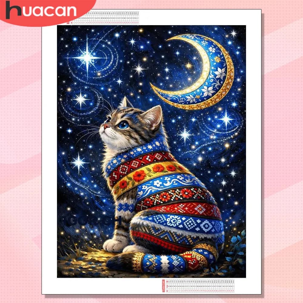 HUACAN Mosaico Diamantato 5D Gatto Animale Kit Completo Pittura Luna Cielo Stellato Decorazione Murale Immagini Artigianali con Strass