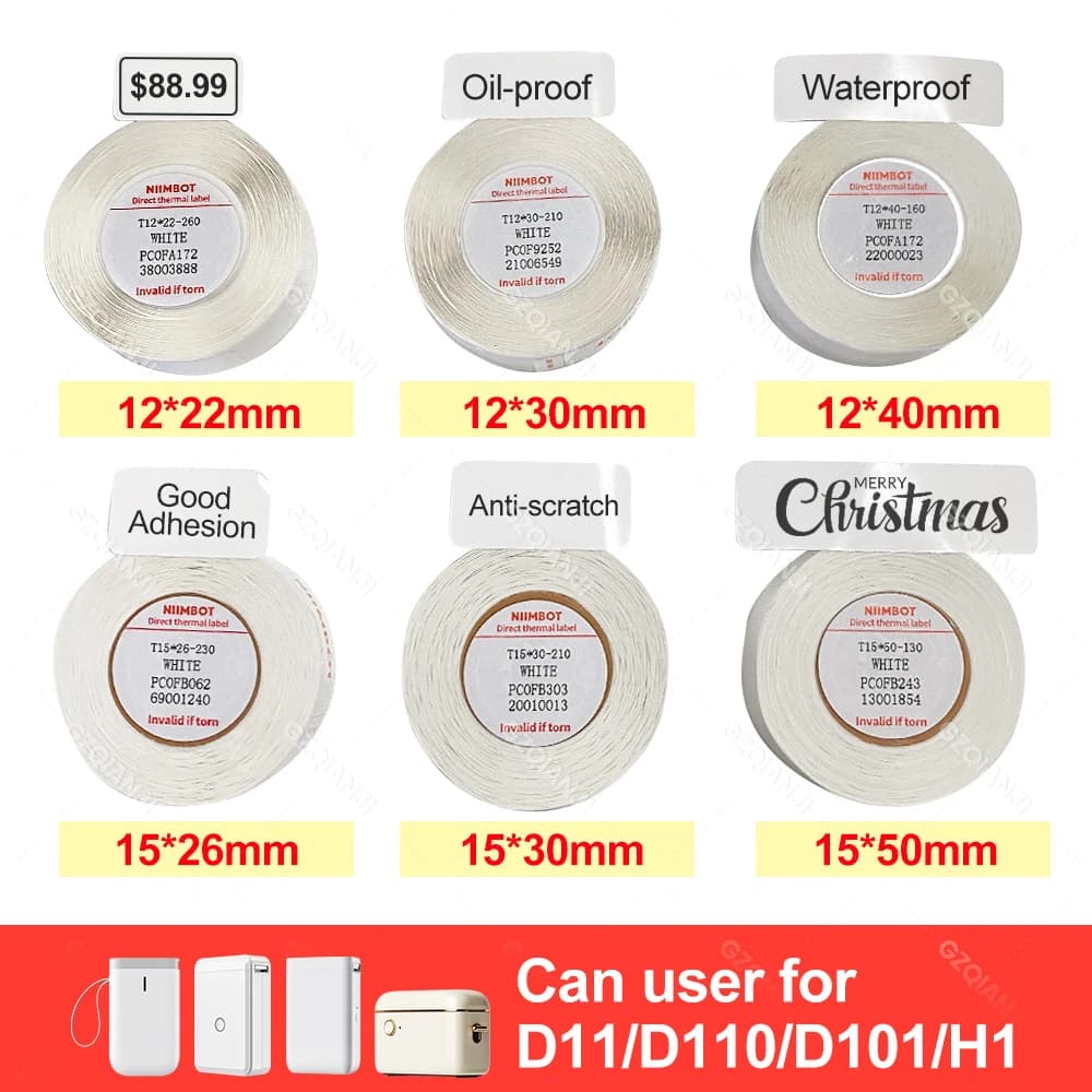 12-15mm Niimbot Etichetta Nastro Adesivo Rotoli di Carta Autoadesiva Impermeabile Bianco Data Note per Niimbot D110 D11 D101 Stampante Maker