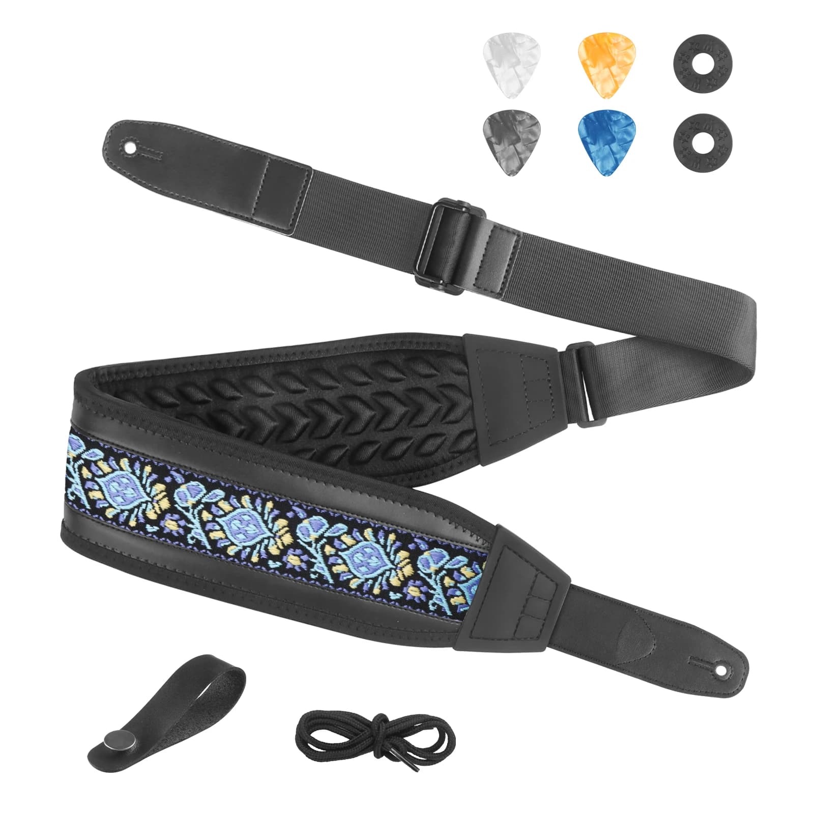 Tracolla per chitarra in cotone ricamato per chitarra acustica, chitarra elettrica e basso, tracolla jacquard a lunghezza regolabile con regalo incluso