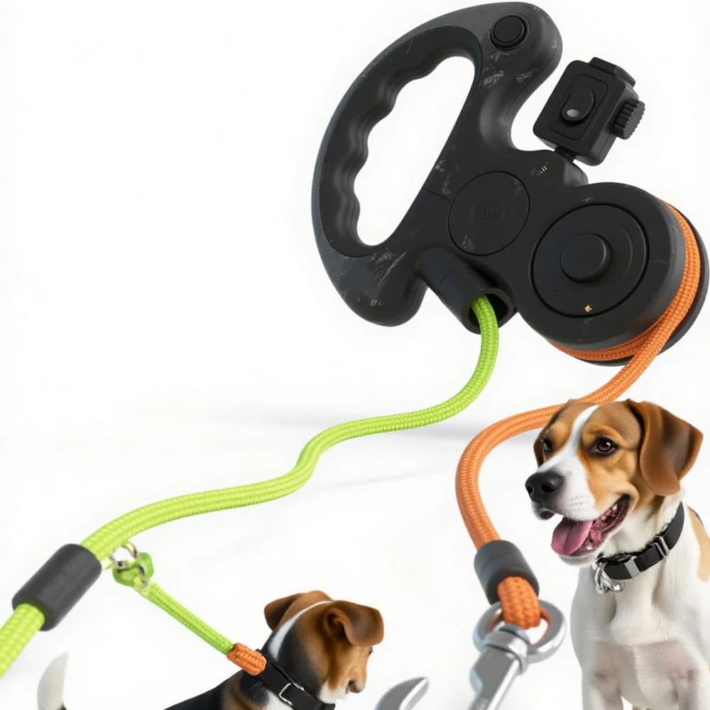 Guinzaglio multifunzionale rotante per cani, guinzaglio retrattile con luce LED per 2 cani