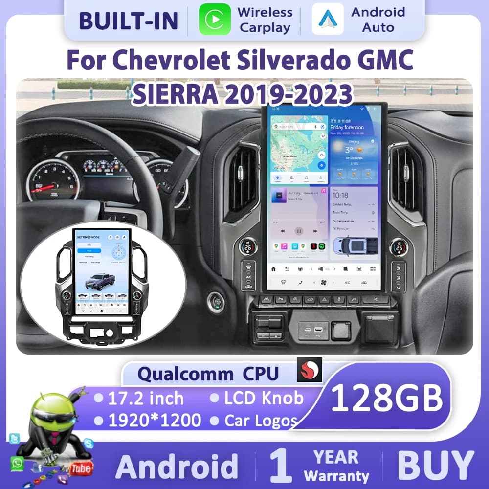 Autoradio Android 14 da 17,2 Pollici per GMC Sierra Chevrolet Silverado 2019-2024, Schermo Touch con Manopola LCD, Carplay e Android Auto