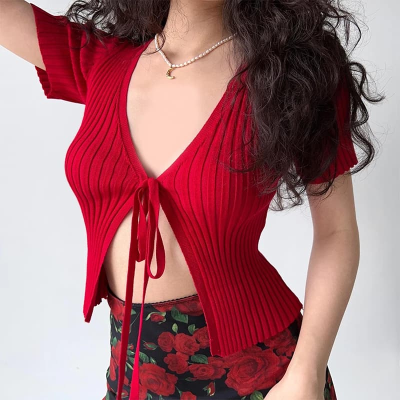 Cardigan lavorato a maglia sottile a maniche corte con scollo a V tinta unita con lacci sexy da donna estivo