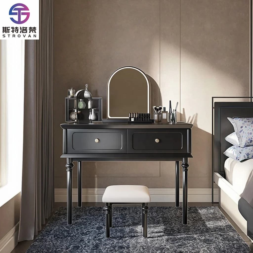 Tavolo da scrivania per trucco con specchio a LED regolabile tradizionale in legno massello di lusso per bagno di piccoli appartamenti nero