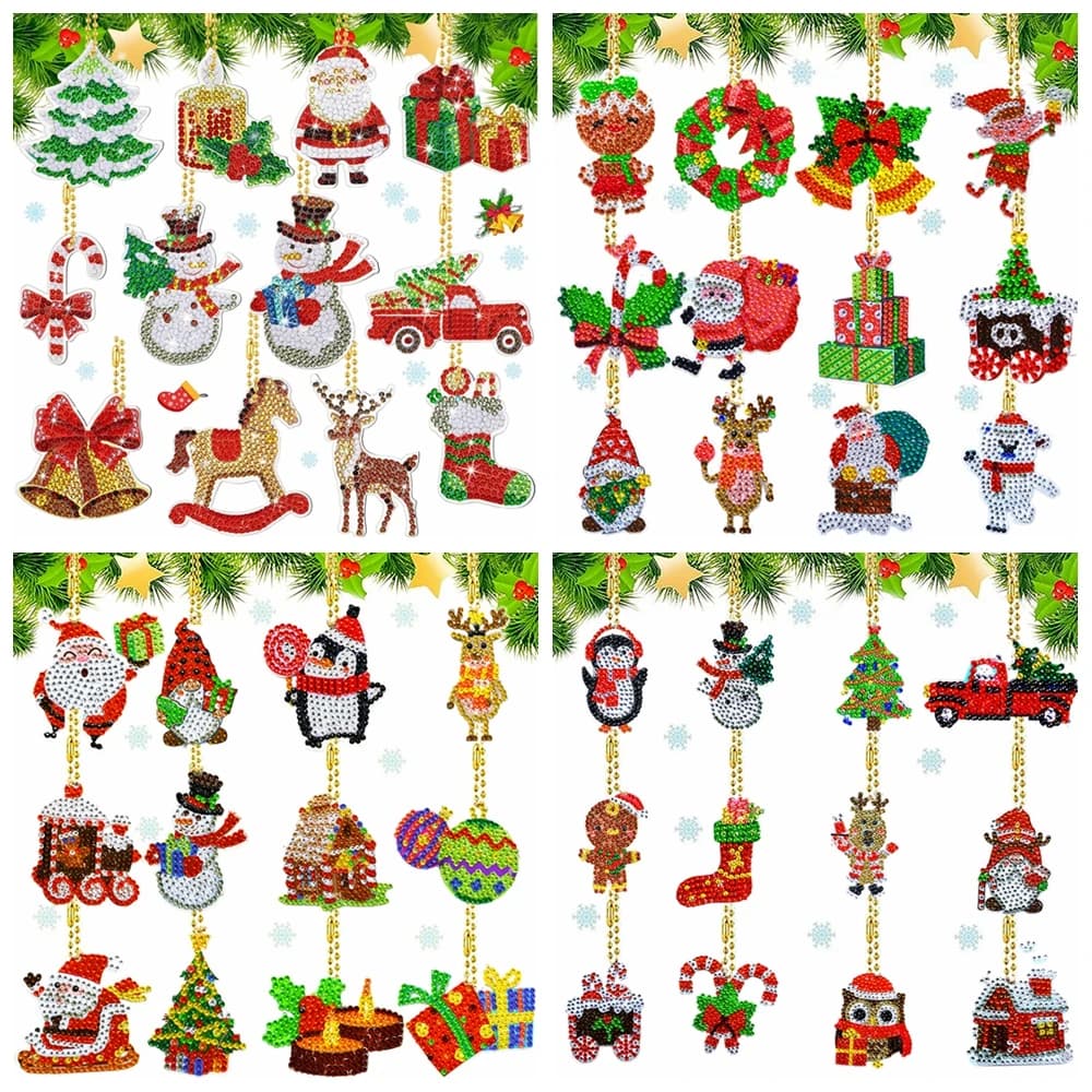 12pcs/Set DIY Santa Claus Diamond Art Christmas Keychains Double Sided Keychains Diamond Painting Christmas Tree Ornaments