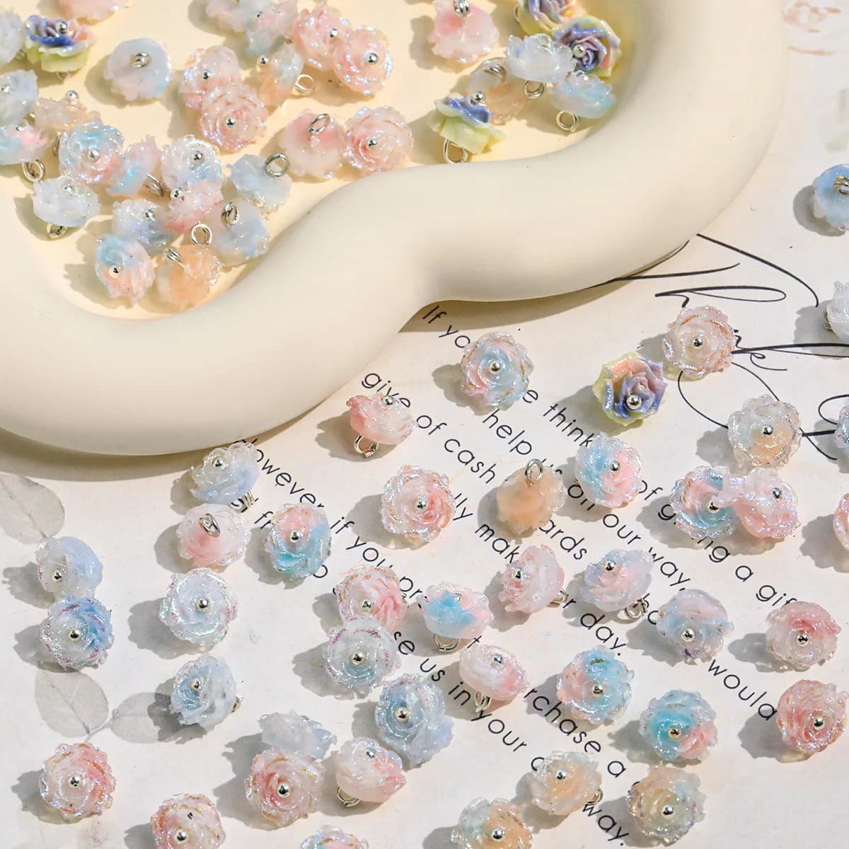 10PCS 9mm Mini Pastel Shiny Flower Rose Pendants Dangle Charms for Handmade Bag Decor, Hair Accessories Craft Beading Projects
