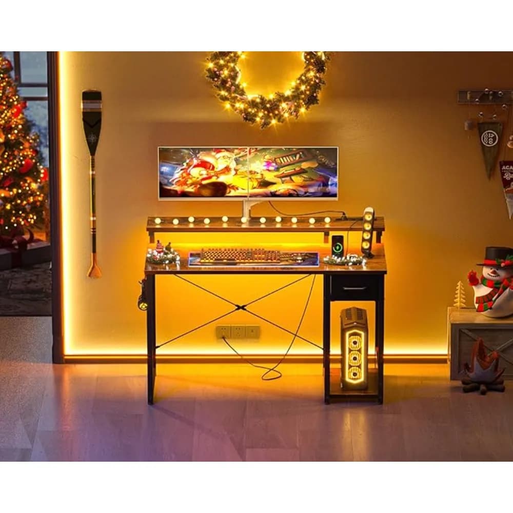 Gaming Desk with LED Lights & Power Outlet, 40 Inch Computer Desk with Der, Reversible Small Desk with Monitor Stand & pe Hook o