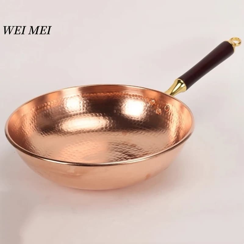 Hand-Forged Copper Wok for Stir-Frying,Mashed Potatoes Stew Pot,Solid Wood Handle Soup Noodle Pot,Home Cooking Outdoor Cookware