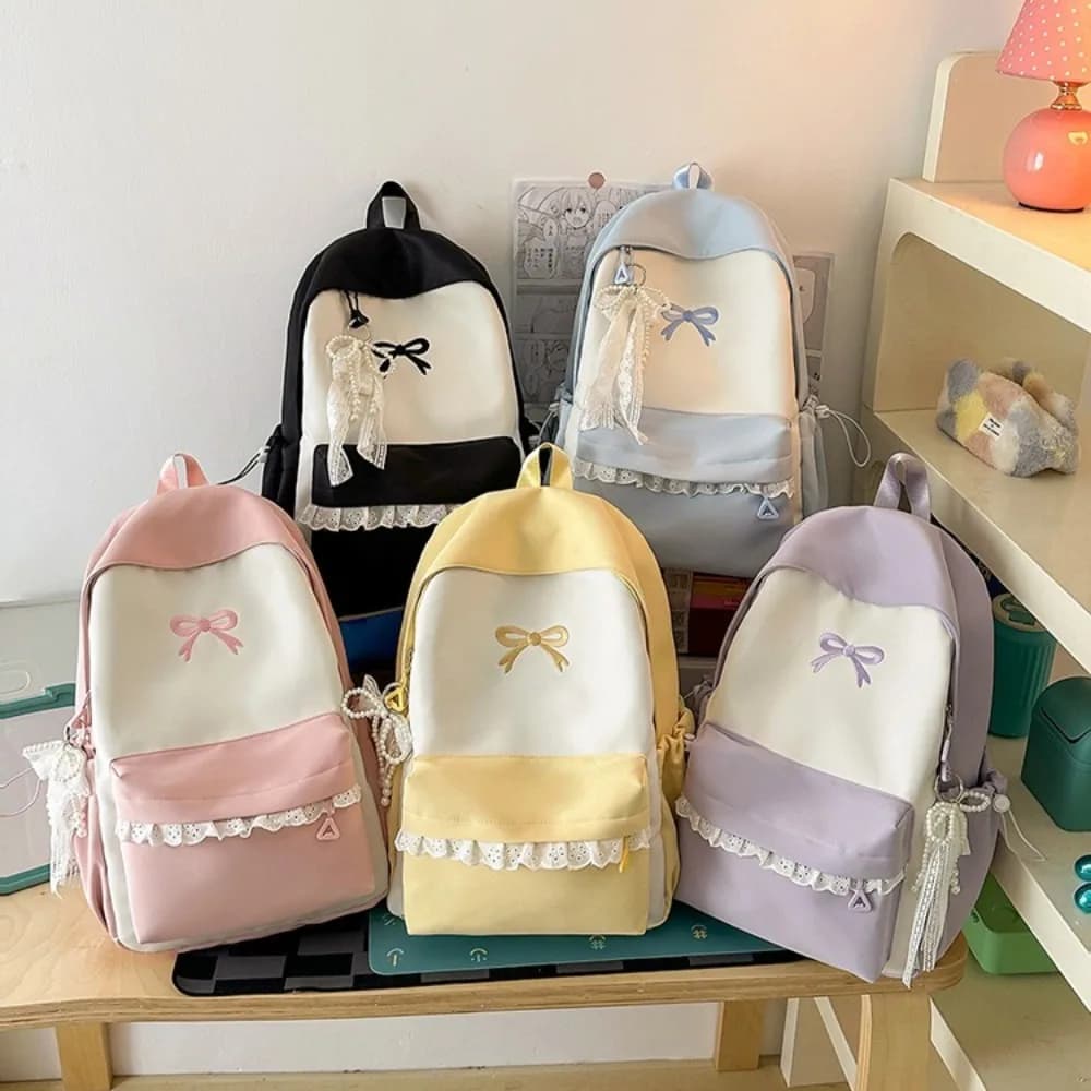 Lightweight nylon cloth student backpack with interlocking contrasting color lace trim, cute girl travel computer bag