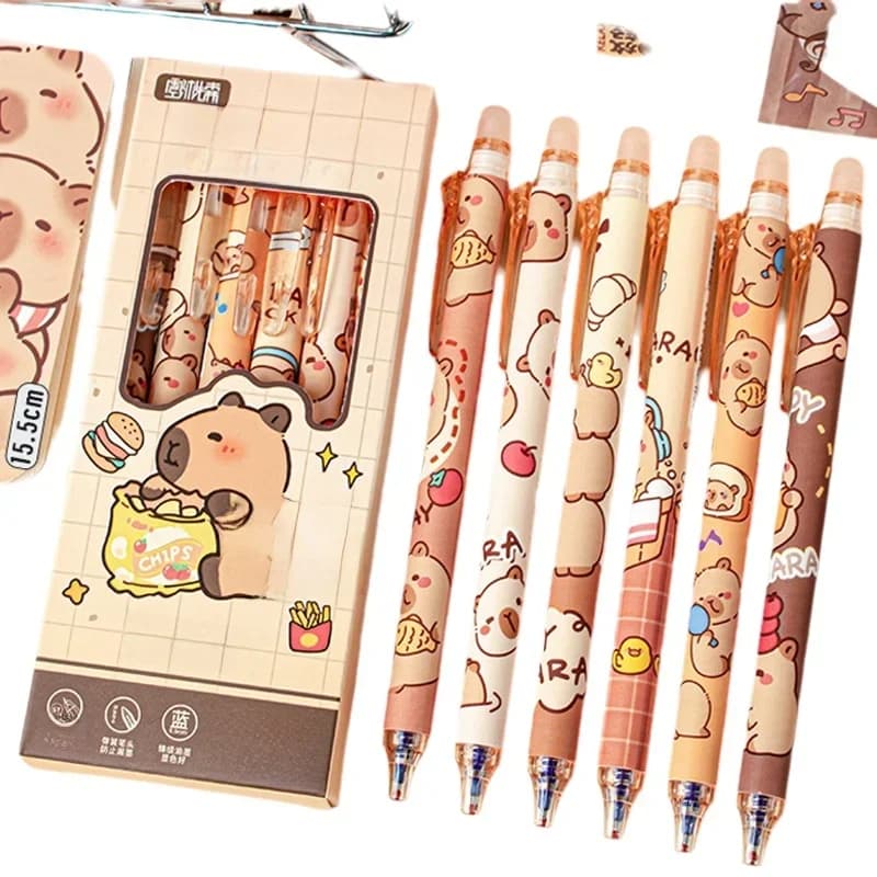 6 pezzi carino capibara penna cancellabile inchiostro blu scrittura penne lisce ad asciugatura rapida accessori per ufficio scolastico studenti cancelleria regalo per bambini
