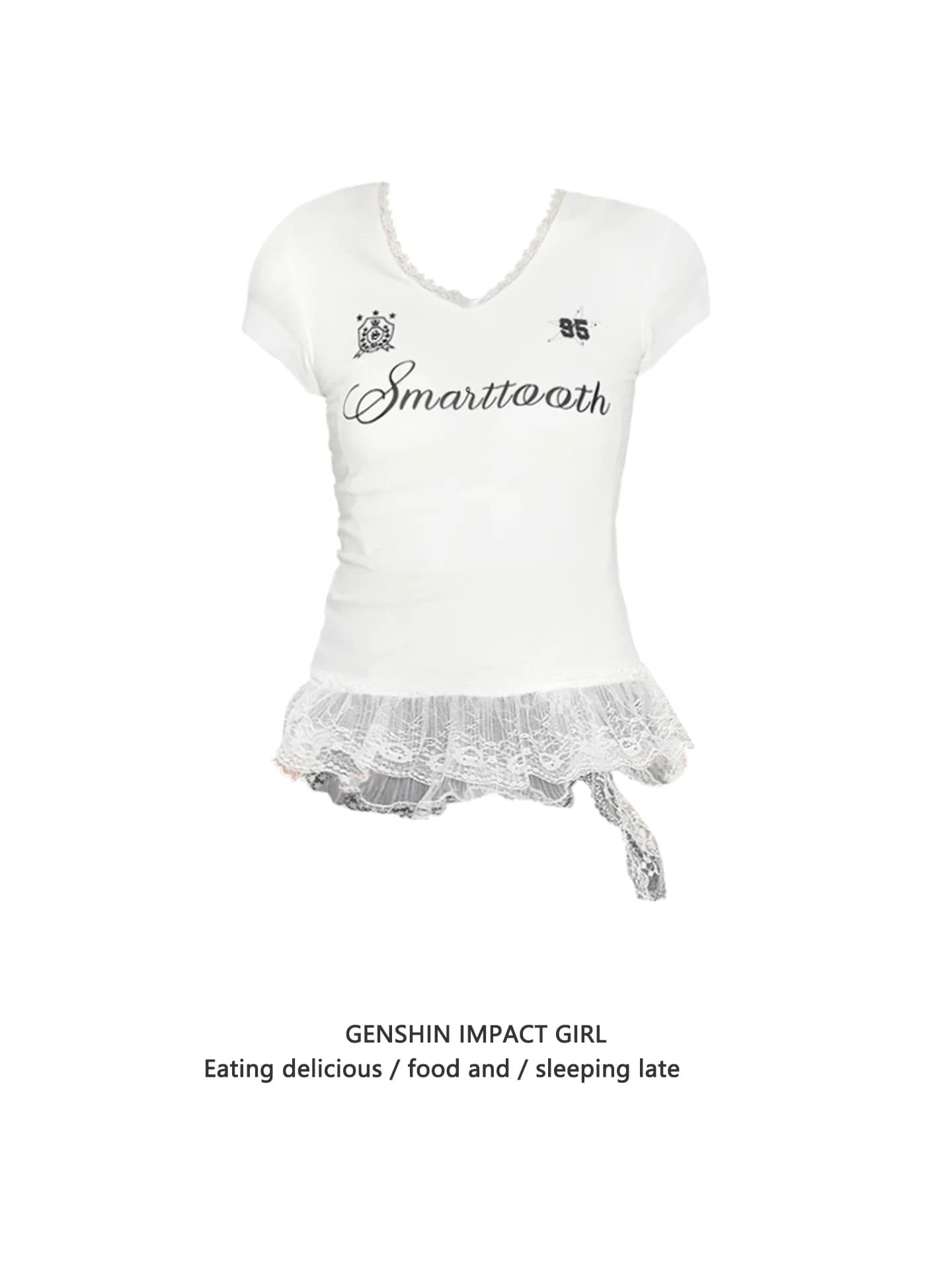 Slim Fit Lace Patchwork V-Neck Short Sleeve T-Shirt Women's Summer New Style Letter Print Versatile Top Trendy Casual Tee