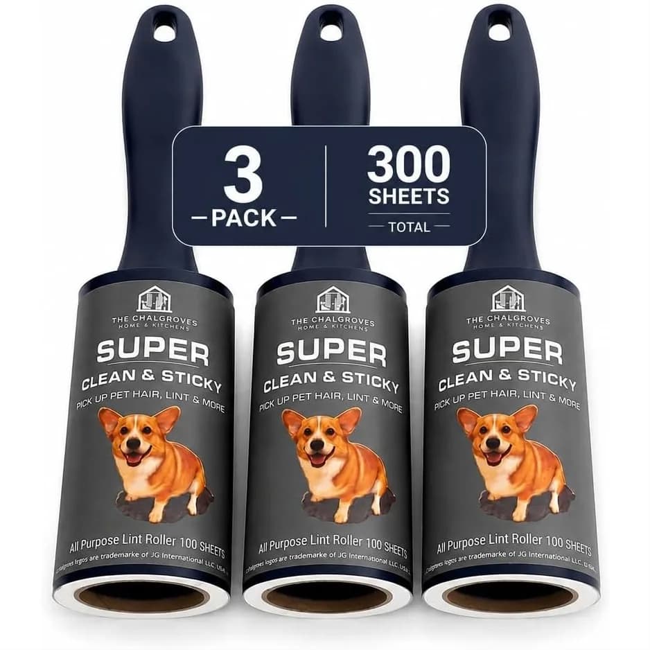 Extra Sticky Lint Roller for Pet Hair, 300 Sheets, 3-Pack, Straight-Cut Sheets, Ergonomic Navy Handles, Cat & Dog Hair Remover