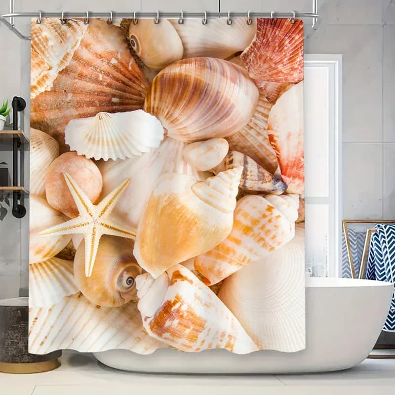Tenda da doccia per vasca da bagno con conchiglia, tessuto decorativo in plastica impermeabile, stampa arancione, rosa, bianco, conchiglie, sirena, spiaggia, decorazione per la casa S