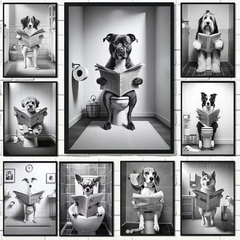 (1 pezzo senza cornice) Divertente cane animale che si sede sul WC e legge il giornale, poster alla moda, dipinti su tela, immagini d'arte da parete, bagno