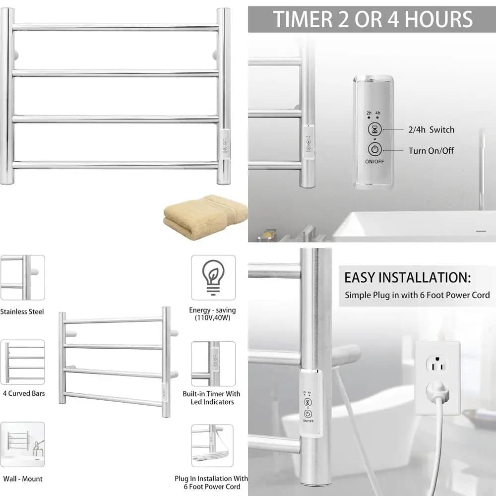 Scaldasalviette elettrico in acciaio inossidabile da parete con 4 barre e timer incorporato per bagno