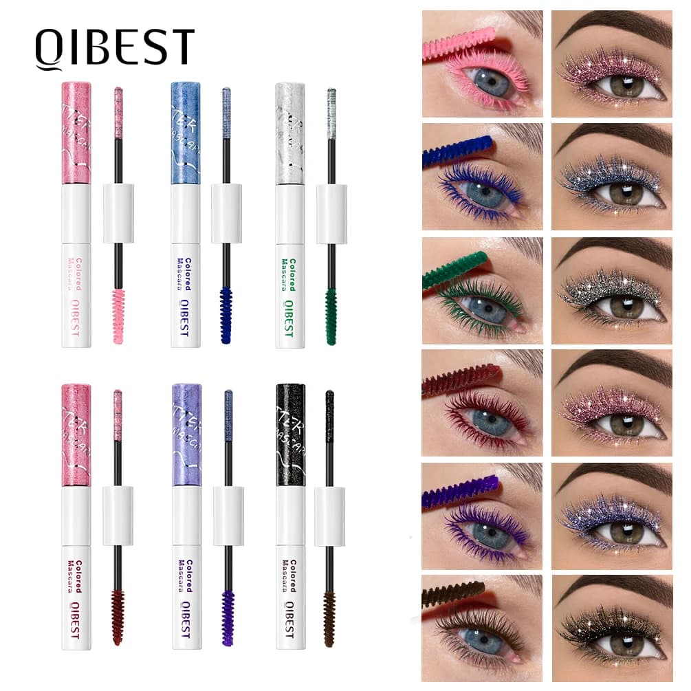 QIBEST 2 in 1 Diamond Glitter Mascara Mascara colorato duraturo Ciglia Ispessimento Voluminoso Mascara impermeabile a doppia estremità