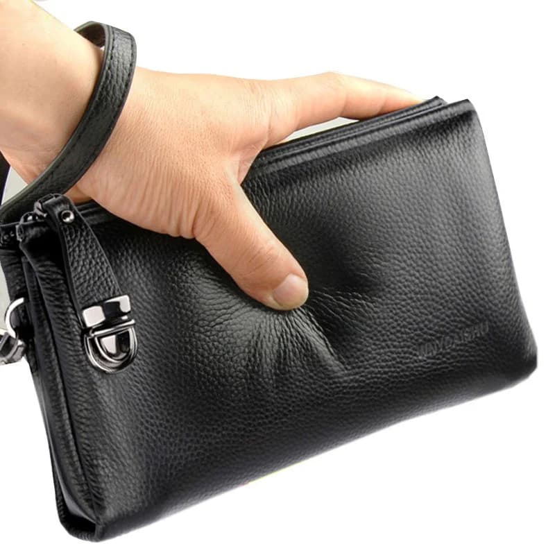 2025 Men's Handbag in real cow leather with Korean lock Authentic men's pochette by luxury brand Wallet Pochette with bag closure