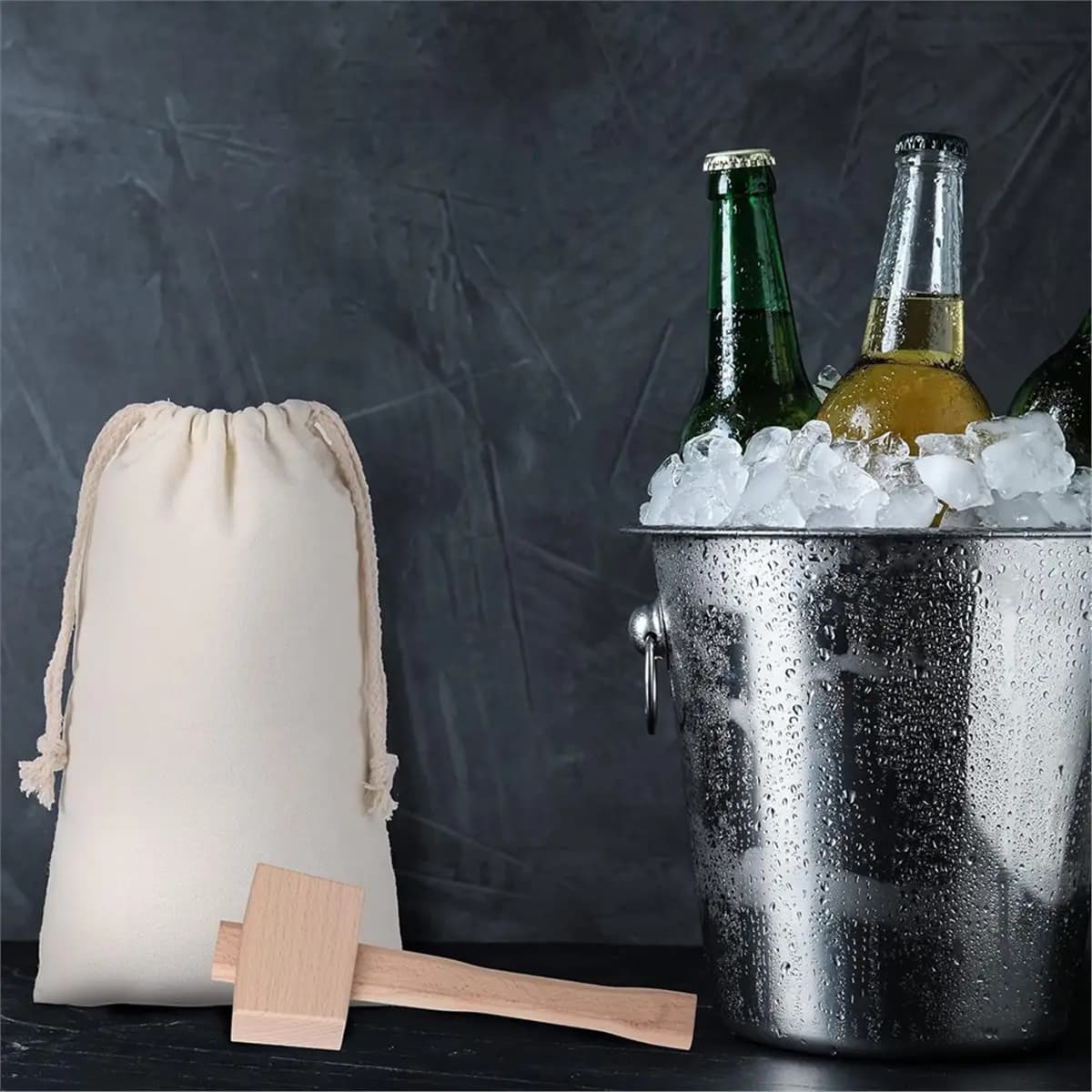 4 Pcs Bag and Ice Mallet Set, Reusable Canvas Crushed Ice Bags with Wooden Handle Hammer for Bar Bartender Tools Kit