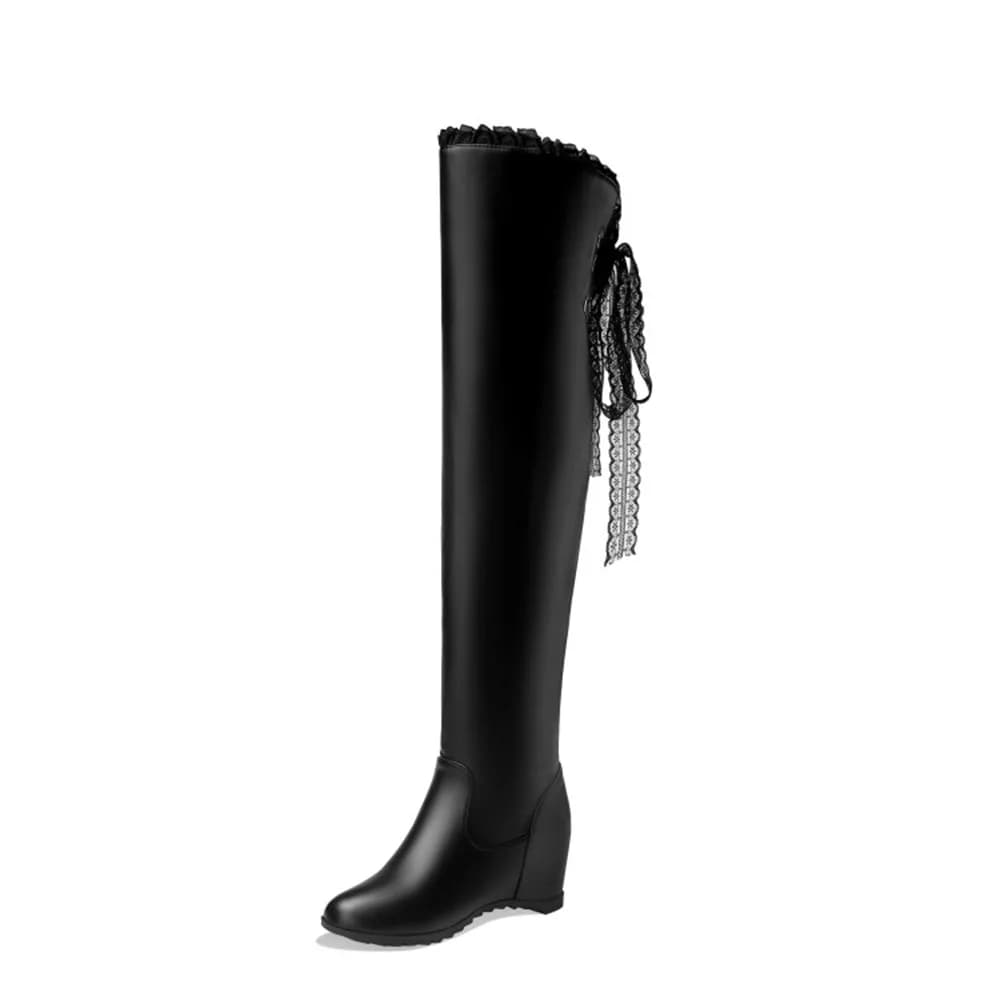 Women Over The Knee Wedge Boots 6cm Hidden Heel Black White Plus Size 33-44 X2-44