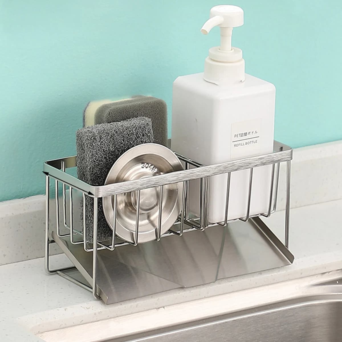 Porta spugna per lavello in acciaio inossidabile 304, dispenser di sapone, spazzole, scolapiatti, organizer con vassoio di scarico rimovibile per cucina