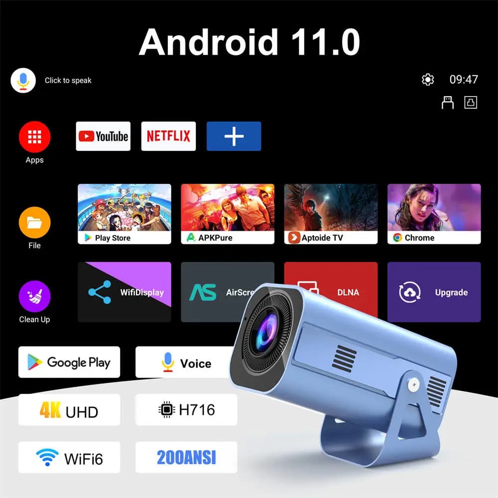 Nuovissimo Proiettore Smart H96 Max B11 con Android 11, Supporto Risoluzione 4K 720P, 200ANSI, BT5.0, Wifi6, 180° ° Proiettore Rotante