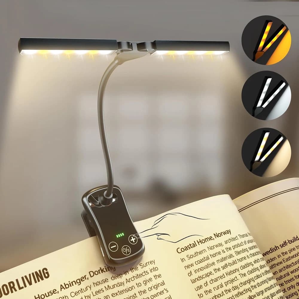 14 LED Clip su luce da libro doppia testa 3 colori 8 luminosità USB ricaricabile luce notturna lampada da lettura portatile lampada da libro