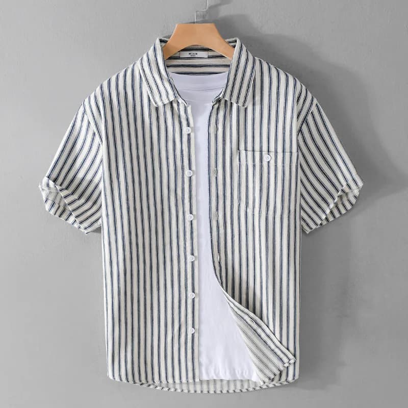 Camicia Estiva da Uomo Casual in Cotone, Manica Corta con Motivo a Righe, Stile Artistico Giovanile, Mezza Manica in Puro Cotone