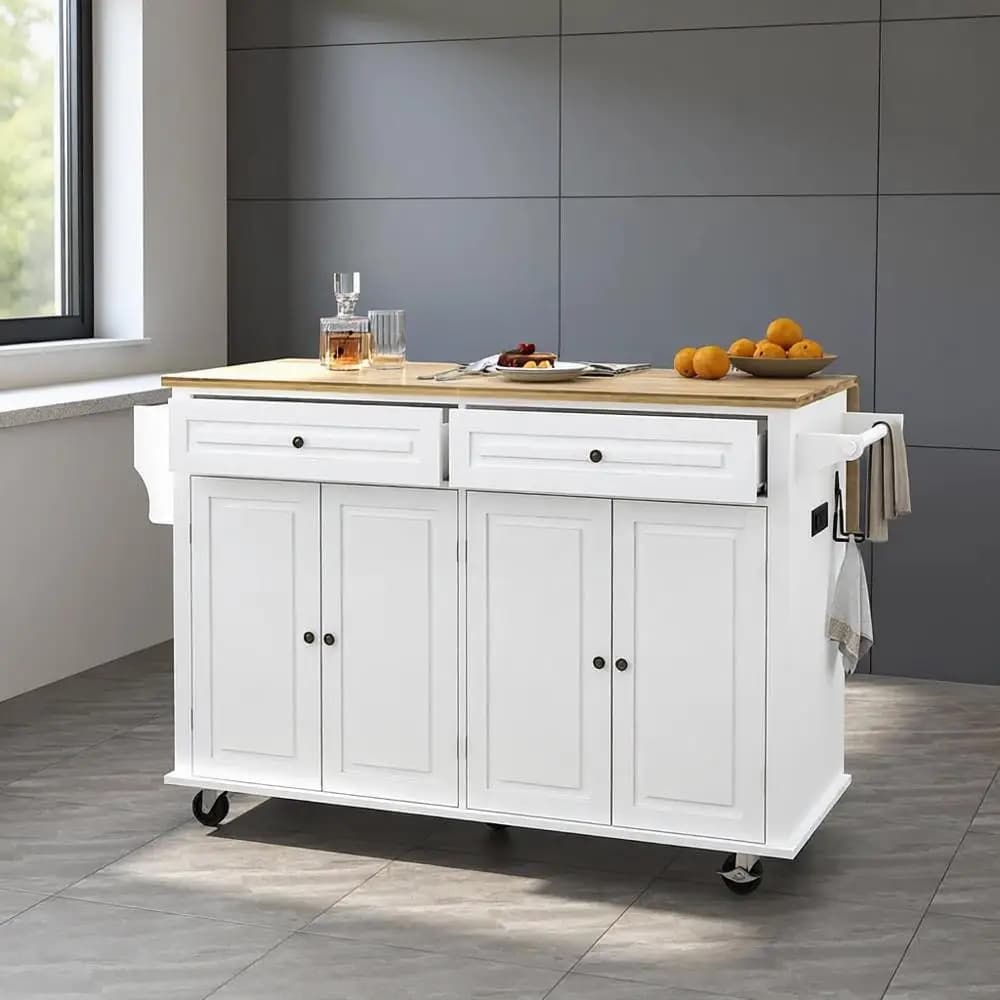 Isola Cucina Mobile 59 con Piano Ribaltabile, Top in Legno, Armadietto Contenitore, Porta Spezie e Porta Asciugamani, Bianca